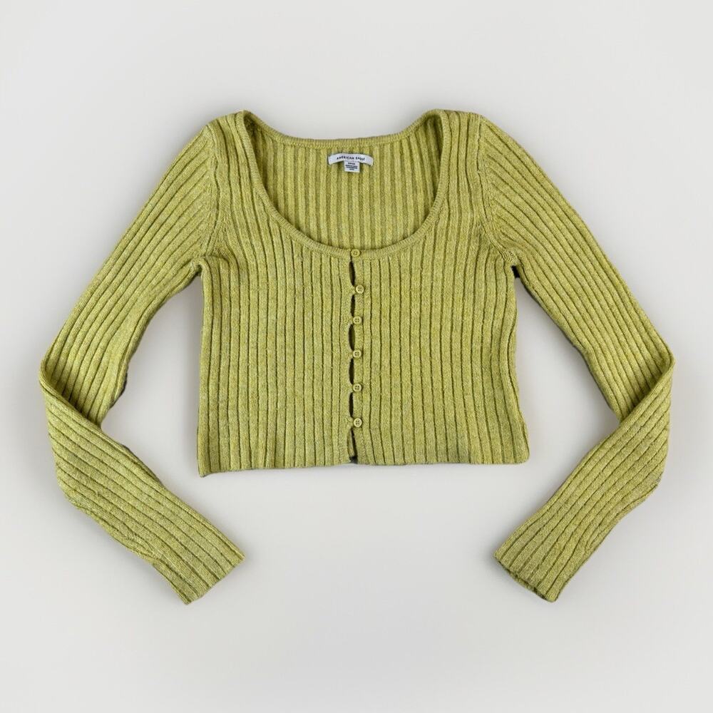 American Eagle‎ Womens Y2K Ribbed Button Front Cropped Cardigan Sweater S Twee